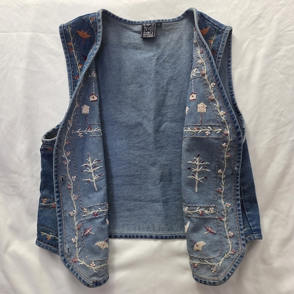 Vintage 90s Embroidered Birdhouse Denim Vest Cottagecore L - Picture 4 of 10